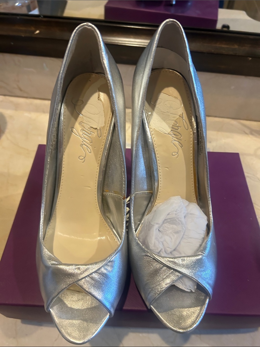 Fergie Metallic Silver Peep-Toe Heels